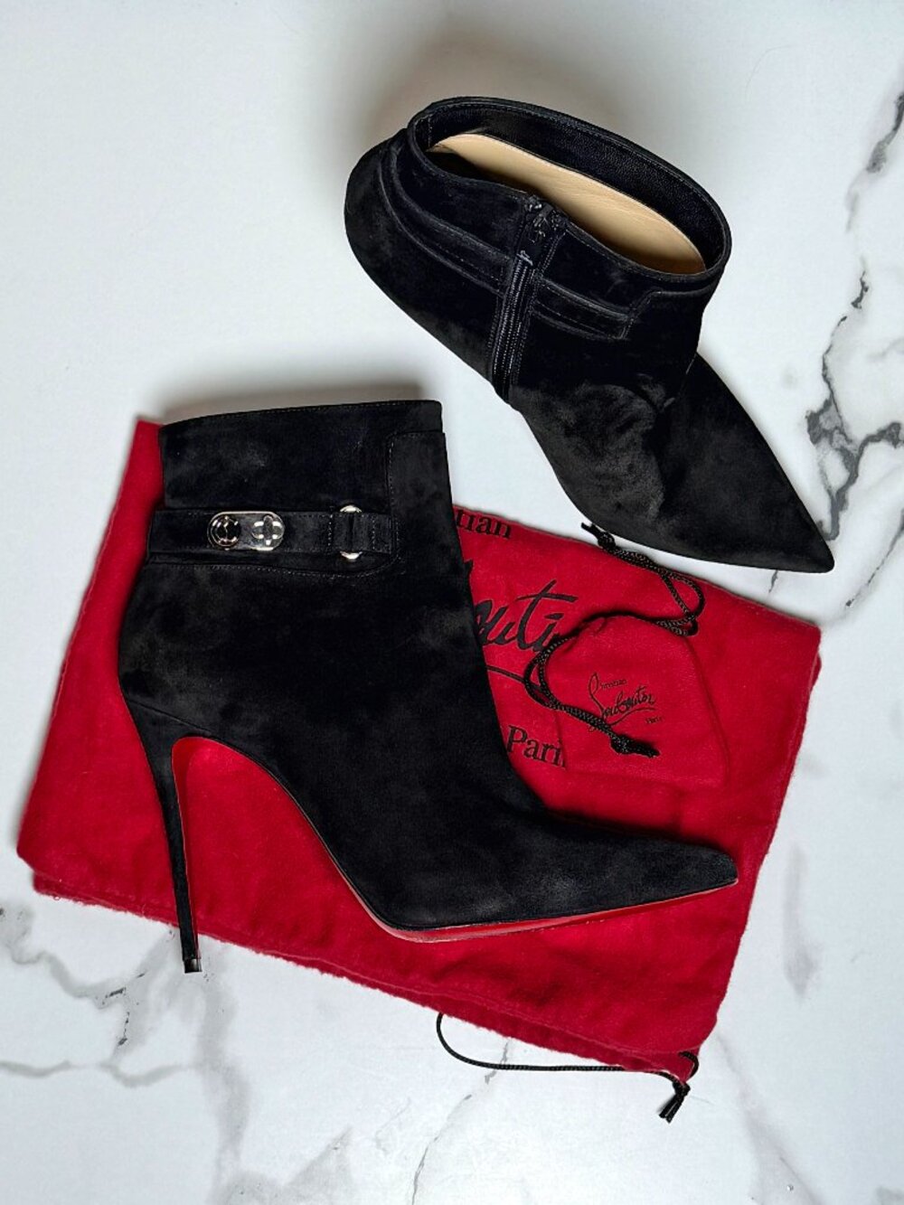 Christian Louboutin So Kate Lock Black Suede Ankle Booties Size 38